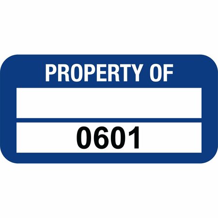 LUSTRE-CAL PROPERTY OF Label, Polyester Dark Blue 1.50in x 0.75in  1 Blank Pad & Serialized 0601-0700, 100PK 253772Pe2Bd0601